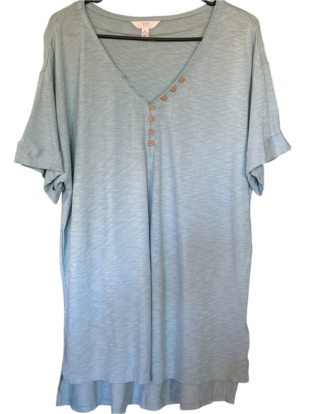 Time and Tru Pale Blue V-Neck Henley Short Sleeve Shirt Size XL 16-18 NWT